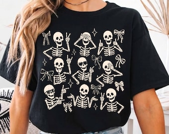 Funny Skeleton Halloween Shirt, Retro Spooky Halloween Graphic T-Shirt, Gift for Women Fall Vibes