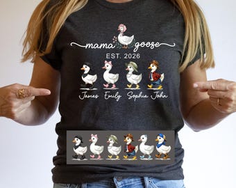 Custom Mom Goose Shirt With Kids Names, Personalized Mama Duck Family T-Shirt, Mother's Day Gift, Mom Est Year Tee