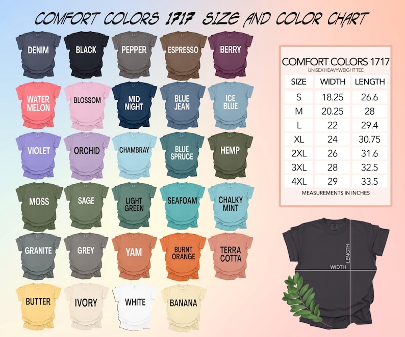 以下が含まれることがあります： Comfort Colors 1717ユニセックスヘビーウェイトTシャツのカラーチャート。デニム、ブラック、ペッパー、エスプレッソなど、さまざまなシャツの色が表示されています。サイズチャートには、Sから4XLまでのサイズの測定値がセンチメートルで表示されています。
