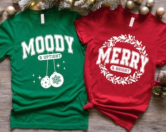 Retro Christmas Matching Couple Tshirt, Merry and Bright Moody and Uptight Shirt, Xmas Funny Holiday Gift