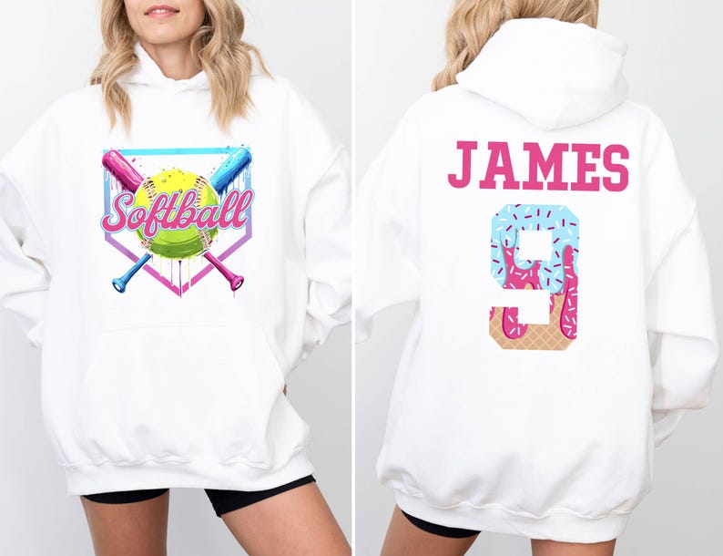 May include: White hooded sweatshirt with a pink and blue softball graphic on the front and the text "JAMES 9" on the back. The number 9 is decorated with a pink and blue ice cream cone design.