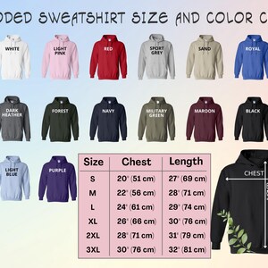 May include: A color chart for hooded sweatshirts, featuring various colors like white, red, and black. The chart includes a size guide with chest and length measurements in inches and centimeters. The text at the top reads "HOODED SWEATSHIRT SIZE AND COLOR CHART."