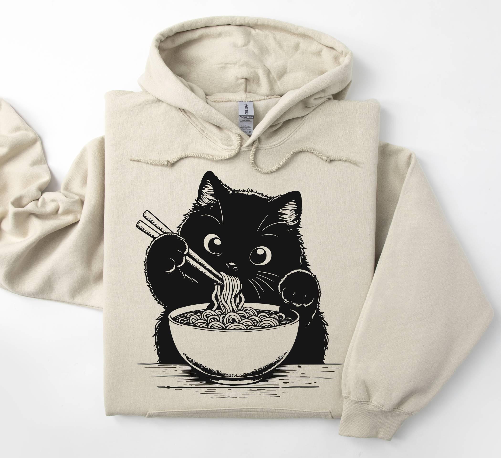 Noodle Cat Hoodie, Black Cat Ramen Hoodie, Ramen Cat Hoodie,Gift for Mom, Cat Lover Gift, Kawaii Hoodie,Foodie Lover Hoodie,Black Cat Hoodie