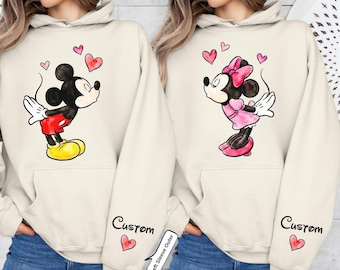 Custom Lover Mickey and Minnie Hoodie, Personalized Valentine Gift, Disney Couple Matching Gift