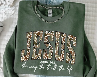 Retro Christian Jesus Sweatshirt: Camo Print Bible Verse Sweatshirt, Trendy Faith Apparel Gift, Jesus Loves You, The Way The Truth The Life