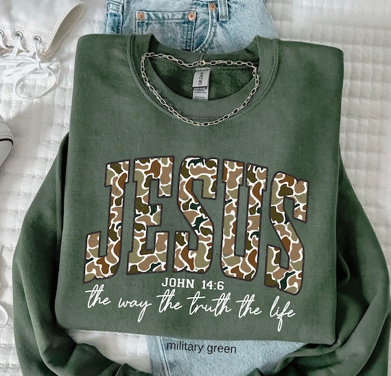 Retro Christian Jesus Sweatshirt: Camo Print Bible Verse Sweatshirt, Trendy Faith Apparel Gift, Jesus Loves You, The Way The Truth The Life
