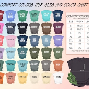 May include: A Comfort Colors 1717 size and color chart featuring thirty-six t-shirt icons in various shades including crimson, blue, green, pink, black, and white. A table lists sizes S through 4XL with width and length measurements in inches.