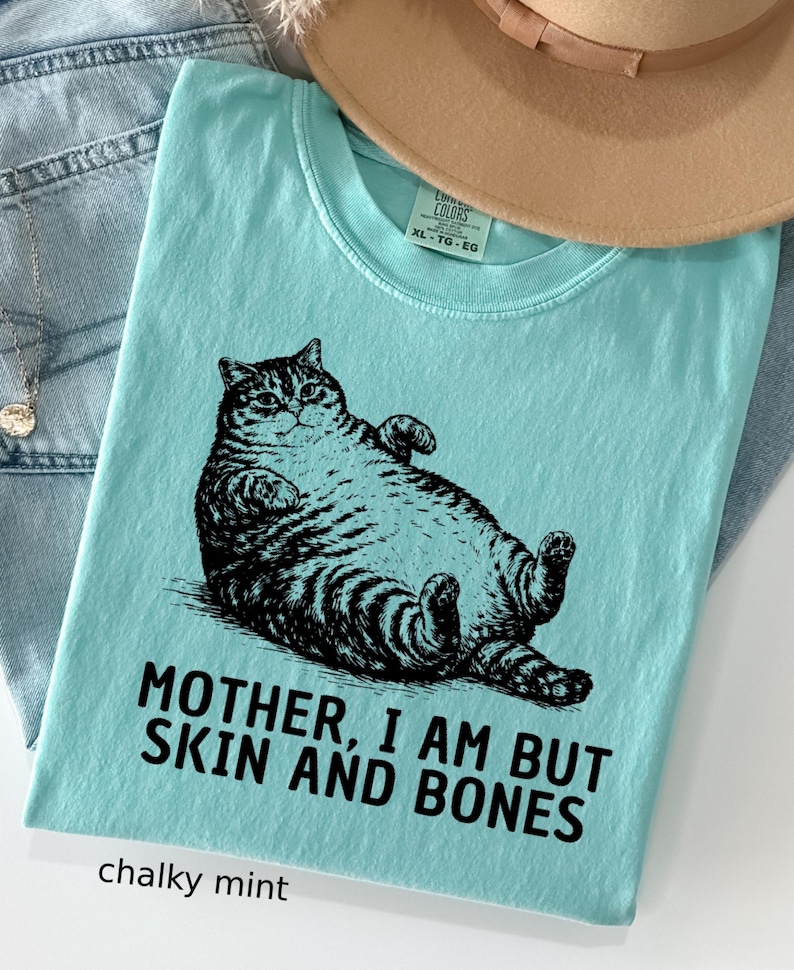 以下が含まれることがあります： 猫のグラフィックと「MOTHER, I AM BUT SKIN AND BONES」の文字が入った水色のTシャツ。「chalky mint」色で、サイズはXLです。