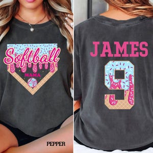 Comfort Colors© Personalized Softball Drip Mom Shirt, Gift for Mom, ice cream drip tee,Customized Softball Team Mom Shirt, Mother&#39;s Day Gift