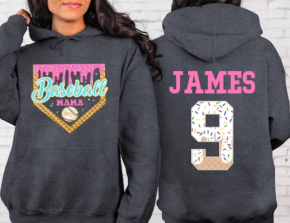Personalized Baseball Mom Hoodie, Custom Name & Number, Ice Cream Drip Design