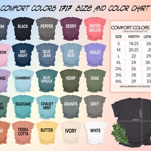 May include: A Comfort Colors 1717 size and color chart featuring a variety of unisex heavyweight tees in various colors, including Denim, Black, and Berry. The chart also includes measurements in inches for each size, from S to 4XL.