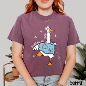 K&ouml;nnte beinhalten: Ein lila T-Shirt mit einer Cartoon-Gans, die eine Krankenschwesteruniform und einen Hut tr&auml;gt. Der Text auf dem Shirt lautet "Registered Silly Goose".