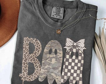 Comfort Colors© BOO Ghosts Halloween Shirt, Trendy Fall Graphic Tees,  Spooky Season Top, Leopard Checkered Camo Autumn Thanksgiving Gift
