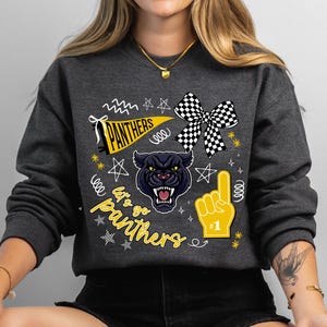 May include: Dark gray sweatshirt with a graphic design featuring a black panther, a checkered bow, and a foam finger. The text "PANTHERS" and "Let's go Panthers" are also included in the design.