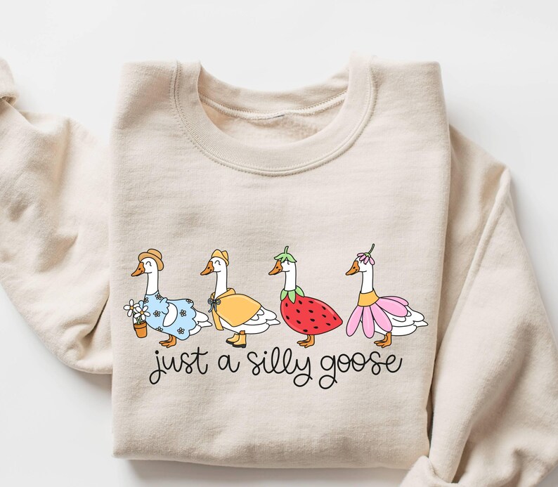 May include: A beige sweatshirt featuring a whimsical illustration of four geese dressed in various outfits, including a straw hat, a yellow cape, and a strawberry costume. The phrase "just a silly goose" is written in cursive below the geese.
