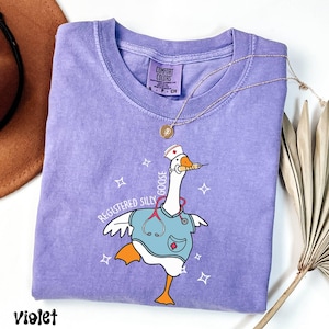 K&ouml;nnte beinhalten: Lilafarbenes T-Shirt mit einer Cartoon-Gans, die eine Krankenschwesterm&uuml;tze und einen Kittel tr&auml;gt. Die Gans h&auml;lt eine Spritze und der Text "Registered Silly Goose" ist auf dem T-Shirt aufgedruckt.