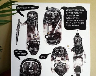 Roman Face-Pot Spirits - A3 Print, Hand-Finished - Folk Horror, British History, Art Illustration Gift