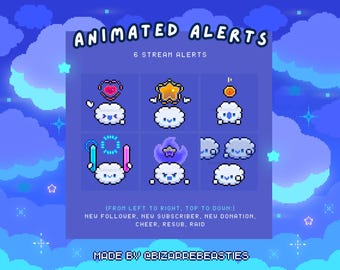 May include: A digital graphic with the text "ANIMATED ALERTS" and "6 STREAM ALERTS." The image features pixelated cloud characters with various animated elements, including hearts, stars, and energy beams. Text below indicates the alerts: New Follower, New Subscriber, New Donation, Cheer, Resub, Raid. Made by @BIZARREBEASTIES.