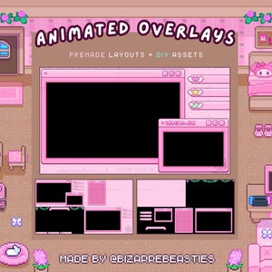 Schattige pixelart geanimeerde stream-overlaypakket voor Twitch, YouTube, Vtuber-streaming - Pink Bedroom Stream-pakket - Magical Girl webcore-thema