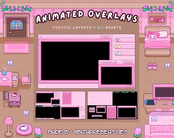 Cute Pixel Art Animated Stream Overlay Pack for Twitch, YouTube, Vtuber streaming - Pink Bedroom Stream Package - Magical Girl Webcore Theme