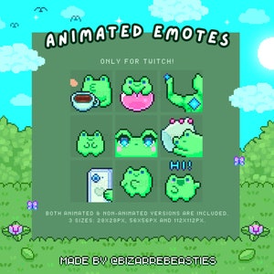 Peut inclure: Un ensemble d'émotes Twitch animés représentant des grenouilles vertes dans différentes poses, notamment en train de boire du café, de se muscler, de tenir un téléphone et de dire "Salut !". Les émotes sont pixélisés et ont un style cartoon. Le texte "ANIMATED EMOTES" et "ONLY FOR TWITCH!" est affiché en haut de l'image. Le texte "BOTH ANIMATED & NON-ANIMATED VERSIONS ARE INCLUDED. 3 SIZES: 28X28PX, 56X56PX AND 112X112PX." est affiché en bas de l'image. Le texte "MADE BY @BIZARDBEASTIES" est affiché en bas de l'image.