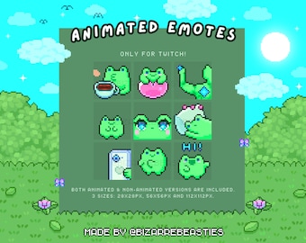 9x Animated Pixel Art Twitch Emotes - Subscriber Rewards, Cute Green Garden, Froggy Emotes, Tea, Frog Picnic Stream Package - Froggo Theme