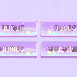 May include: Four pastel purple buttons with white text and a pixelated sky background. The buttons read "About", "Rules", "Games", and "Subscribe".