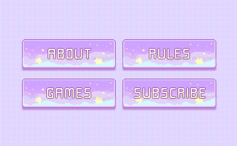 May include: Four pastel purple buttons with white text and a pixelated sky background. The buttons read "About", "Rules", "Games", and "Subscribe".