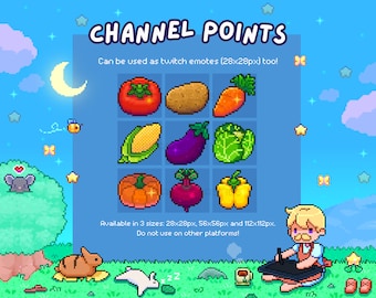 9 Twitch Emotes / Channel Points Pack - Cute Pixel Art Stream Channel Rewards, Digital Stickers, Subscriber Perks - Farm Fresh Vegetables