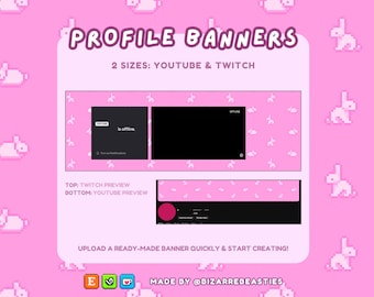 2 Pixel Art Profile Banners for Twitch, YouTube - Kawaii Bunnies Theme