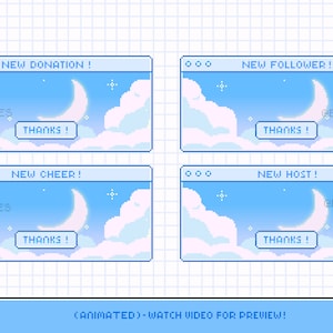 Cute 6x Animated Alerts ~ Animated Twitch Alerts Pack ~ Animated Pixel Art ~ Kawaii Pastel Aesthetic, Animated Stream Alerts ~ Blue Day Moon