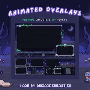 May include: Animated overlays for Twitch or YouTube streams with a spooky, dark forest theme. The overlays feature a dark blue background with purple trees, a crescent moon, and stars. The text "ANIMATED OVERLAYS" is in a purple font. The text "PREMADE LAYOUTS & DIY ASSETS" is in a white font. The overlays include sections for new followers, new subscribers, and new donations.