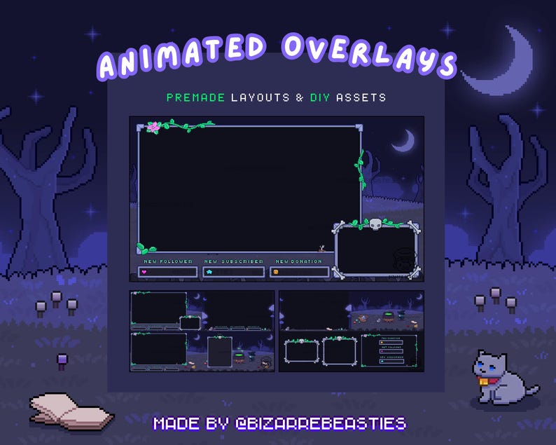 May include: Animated overlays for Twitch or YouTube streams with a spooky, dark forest theme. The overlays feature a dark blue background with purple trees, a crescent moon, and stars. The text "ANIMATED OVERLAYS" is in a purple font. The text "PREMADE LAYOUTS & DIY ASSETS" is in a white font. The overlays include sections for new followers, new subscribers, and new donations.