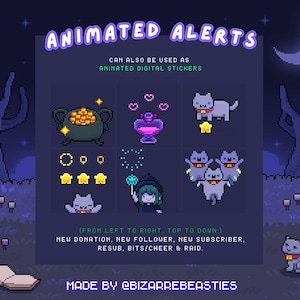May include: Animated alerts for Twitch streams, featuring a variety of pixel art icons including a pot of gold, a magic potion, a cat, stars, and a wizard. The text "ANIMATED ALERTS" is at the top of the image, and the text "MADE BY @BIZARREBEASTIES" is at the bottom of the image.