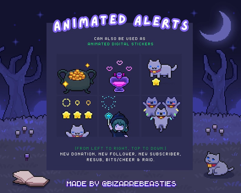 May include: Animated alerts for Twitch streams, featuring a variety of pixel art icons including a pot of gold, a magic potion, a cat, stars, and a wizard. The text "ANIMATED ALERTS" is at the top of the image, and the text "MADE BY @BIZARREBEASTIES" is at the bottom of the image.