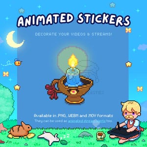 May include: A pixel art graphic promoting "ANIMATED STICKERS" with the text "DECORATE YOUR VIDEOS & STREAMS!". The image includes a candle, a character drawing on a tablet, and animated elements such as stars and a crescent moon.