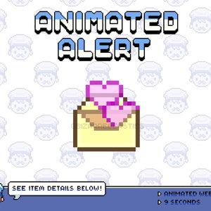 Alerta de transmisión animada linda ~ Alerta de Twitch, Cuadro de alerta, Alerta animada, Alerta de animación de pixel art ~ Kawaii, Sobre, Corazones ~ Tema de letra