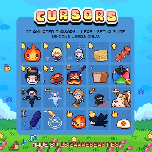 Pack de curseurs de souris kawaii - 12 modèles - décoration de bureau, mignons pointeurs de curseur animés pixel art - démon de feu - thème du château magique d'un sorcier