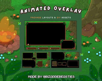 May include: Animated overlay for streaming with a green forest background, a campfire, and a brown backpack. The overlay includes premade layouts and DIY assets. The text "ANIMATED OVERLAY" is in large, white letters. The text "PREMADE LAYOUTS & DIY ASSETS" is in smaller, white letters. The text "MADE BY BIZARREBEASTIES" is in smaller, white letters at the bottom of the image.