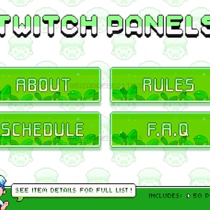 50x Cute Twitch Panels Pack ~ Pixel Art Stream Panels ~ About, Rules, Specs, Games, Schedule, Twitch Stream Package ~ Green Leaves Theme