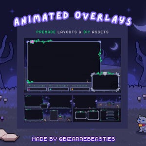 Puede incluir: Superposiciones animadas para transmisiones de Twitch o YouTube con un tema de bosque oscuro y espeluznante. Las superposiciones presentan un fondo azul oscuro con árboles morados, una luna creciente y estrellas. El texto "ANIMATED OVERLAYS" está en fuente morada. El texto "PREMADE LAYOUTS & DIY ASSETS" está en fuente blanca. Las superposiciones incluyen secciones para nuevos seguidores, nuevos suscriptores y nuevas donaciones.