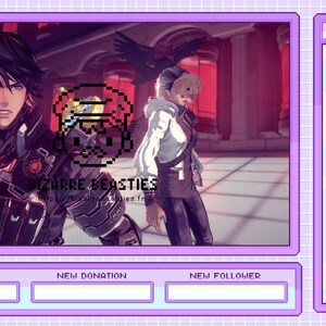 May include: A video game screen capture featuring two characters in a pink and purple themed chatroom. The characters are in a dark, red-lit room with a large, black bird flying overhead. The chatroom has a light blue background with white clouds and the text "@bizarrebeasties".