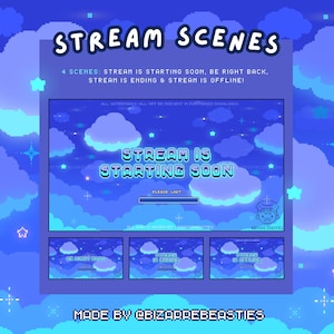 4x Cute Animated Stream Screens Twitch, YouTube ~ Pixel Art Animation, Blue, Stars ~ Starting, Ending, Offline, Brb ~ Starry Night Sky Theme