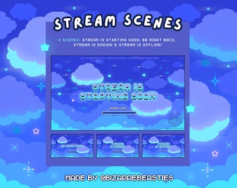4 schattige geanimeerde streamschermen Twitch, YouTube ~ pixelart-animatie, blauw, sterren ~ starten, eindigen, offline, brb ~ Sterrennachthemelthema