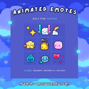 Peut inclure: Un ensemble d'émotes Twitch animées mettant en scène une variété de personnages en pixel art, notamment un nuage, un arc-en-ciel, un soleil, un cœur et une goutte d'eau. Les émotes sont disponibles en trois tailles : 28 × 28 pixels, 56 × 56 pixels et 112 × 112 pixels. Les émotes sont réalisées par @BIZARREBEASTIES.
