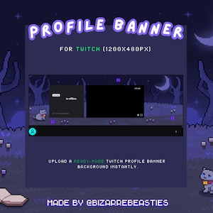 May include: A pixel art banner for Twitch featuring a dark blue background with a crescent moon, purple flowers, and a cat sitting in front of a forest. The banner includes the text "PROFILE BANNER" and "FOR TWITCH (1200X480PX)".