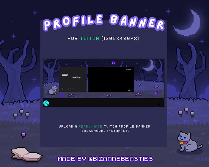 May include: A pixel art banner for Twitch featuring a dark blue background with a crescent moon, purple flowers, and a cat sitting in front of a forest. The banner includes the text "PROFILE BANNER" and "FOR TWITCH (1200X480PX)".