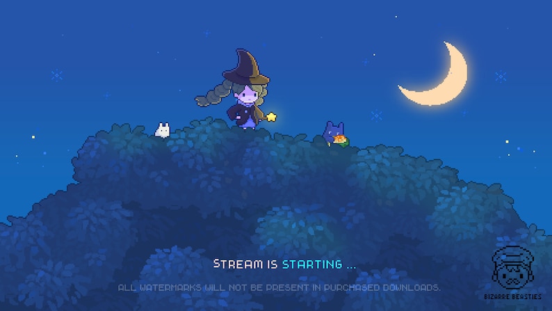 K&ouml;nnte beinhalten: Eine Pixel-Art-Illustration einer Hexe mit einem schwarzen Hut und einem blauen Kleid, die auf einem H&uuml;gel mit einem Halbmond am Himmel steht. Der Text "STREAM IS STARTING..." befindet sich am unteren Rand des Bildes.