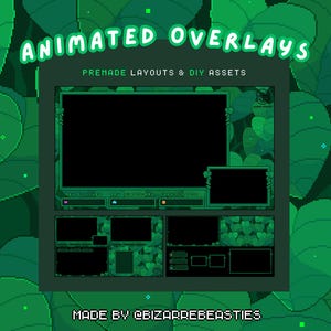 Cute Pixel Art Animated Stream Overlay Pack for Twitch, YouTube streaming - Webcam Alert Vtuber Layout Background- Green Forest Leaves Theme