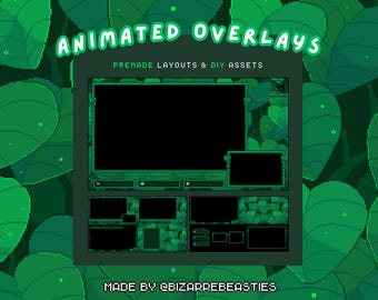 Cute Pixel Art Animated Stream Overlay Pack for Twitch, YouTube streaming - Webcam Alert Vtuber Layout Background- Green Forest Leaves Theme
